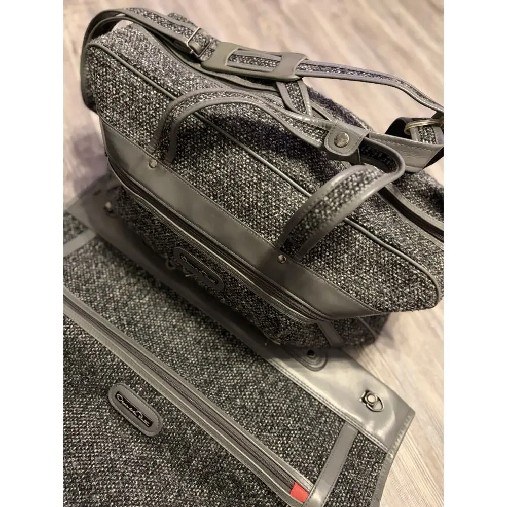 X3 VTG NWT OSCAR DE LA RENTA Tweed Luggage Travel Bag Gray Duffle Garment